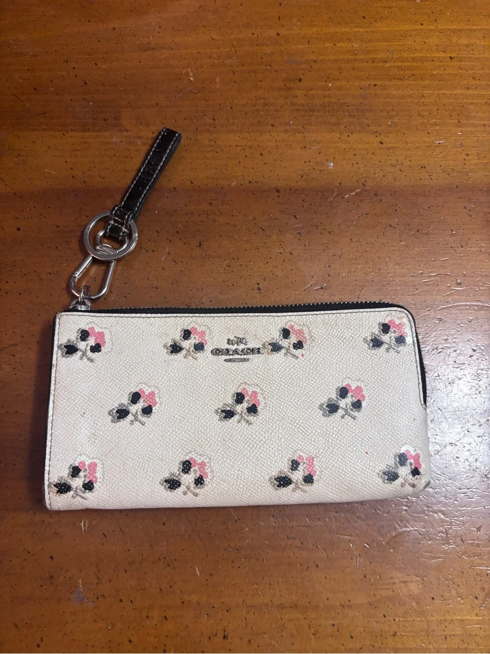 Coach White Pebble Leather Floral Zip Wristlet with Black Strap